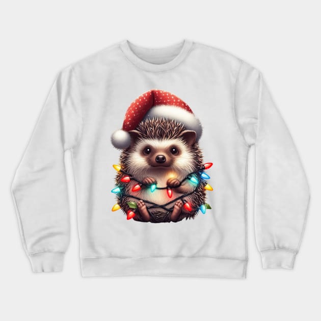 Hedgehog Wrapped In Christmas Lights Crewneck Sweatshirt by Chromatic Fusion Studio